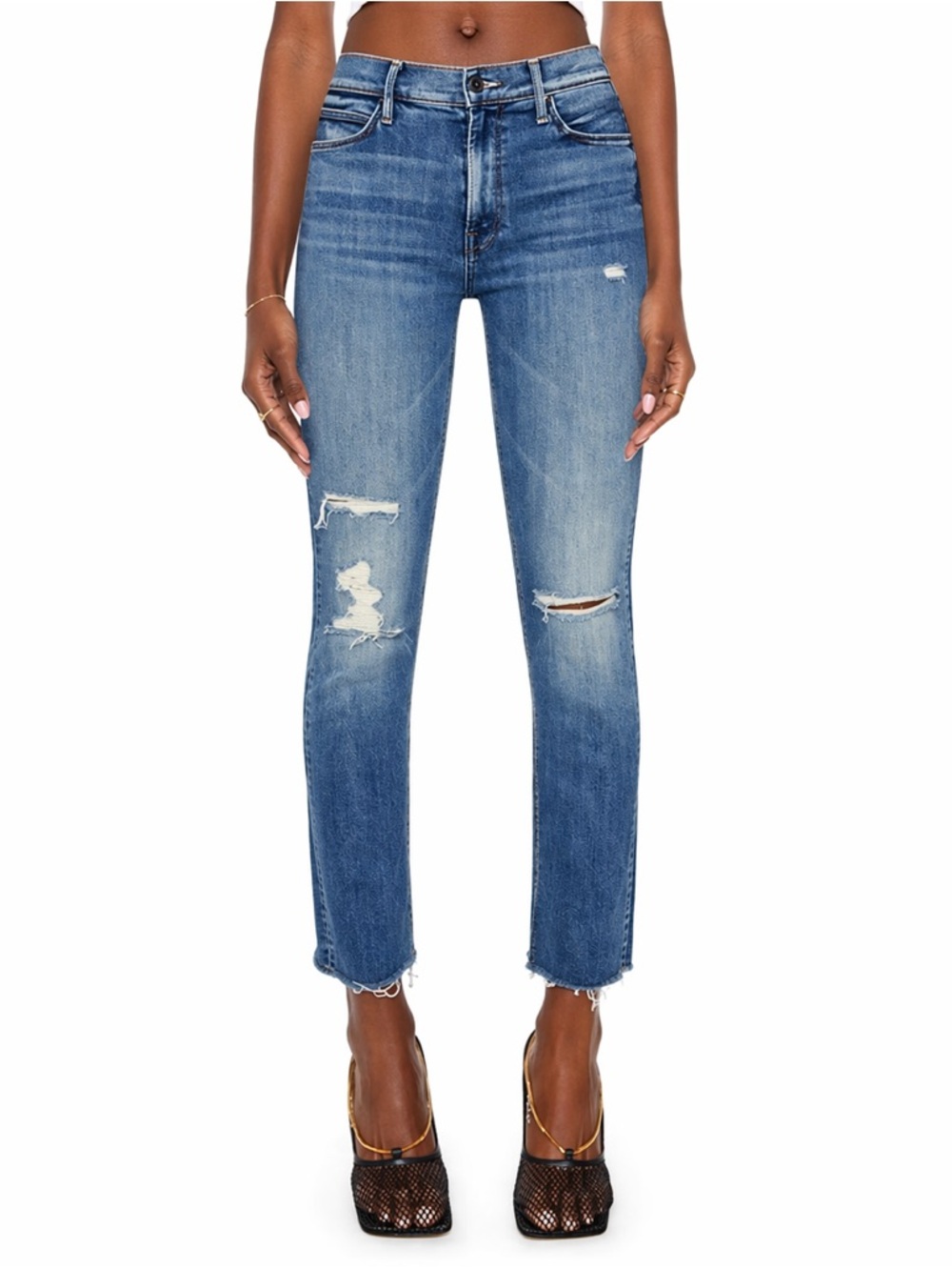 MOTHER Dazzler Ankle Fray Jeans 27 Distressed Raw Hem Cropped Denim Casual Chic